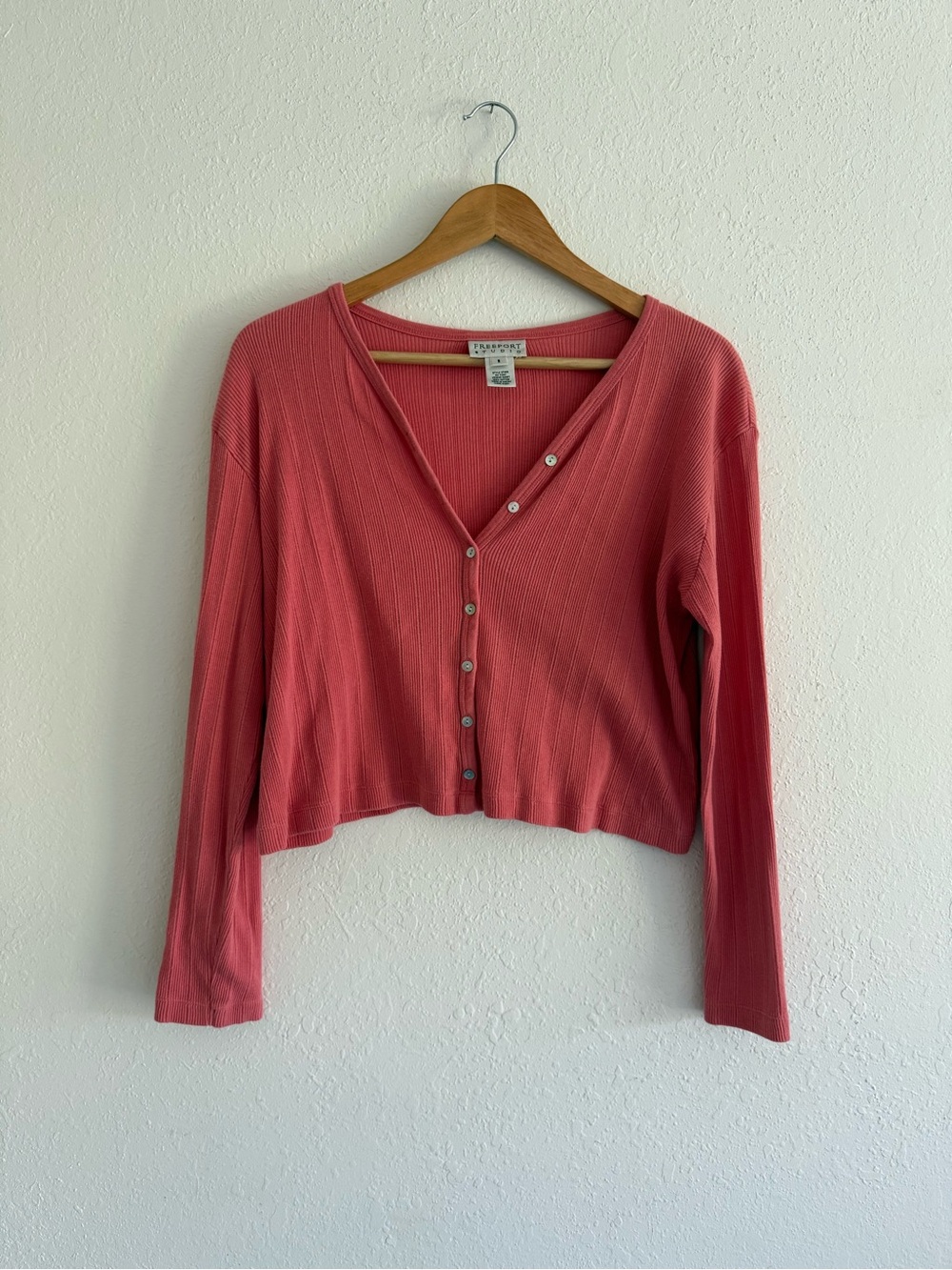 Vintage Ribbed Button-Front Crop Cardigan - Coral Pink